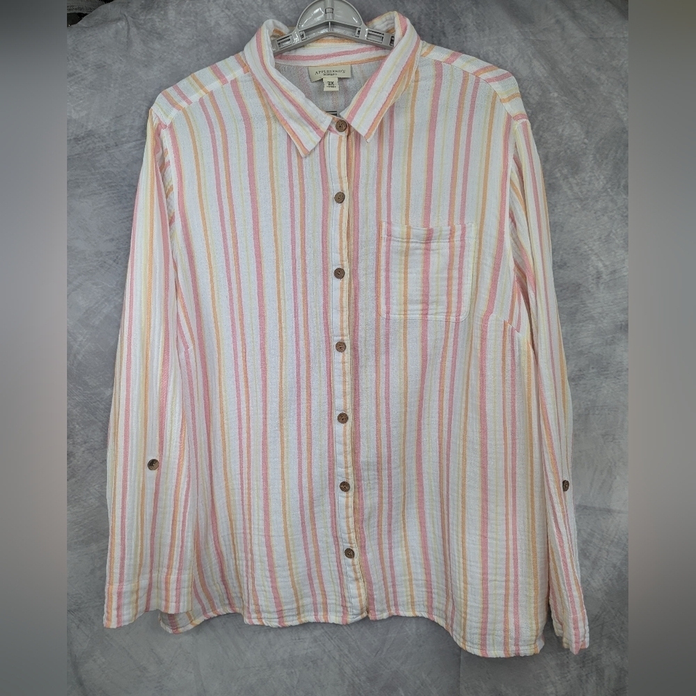 Appleseed's Women's 2X Guazy Button Down Shirt 2X White, Pink, Orange, Yellow